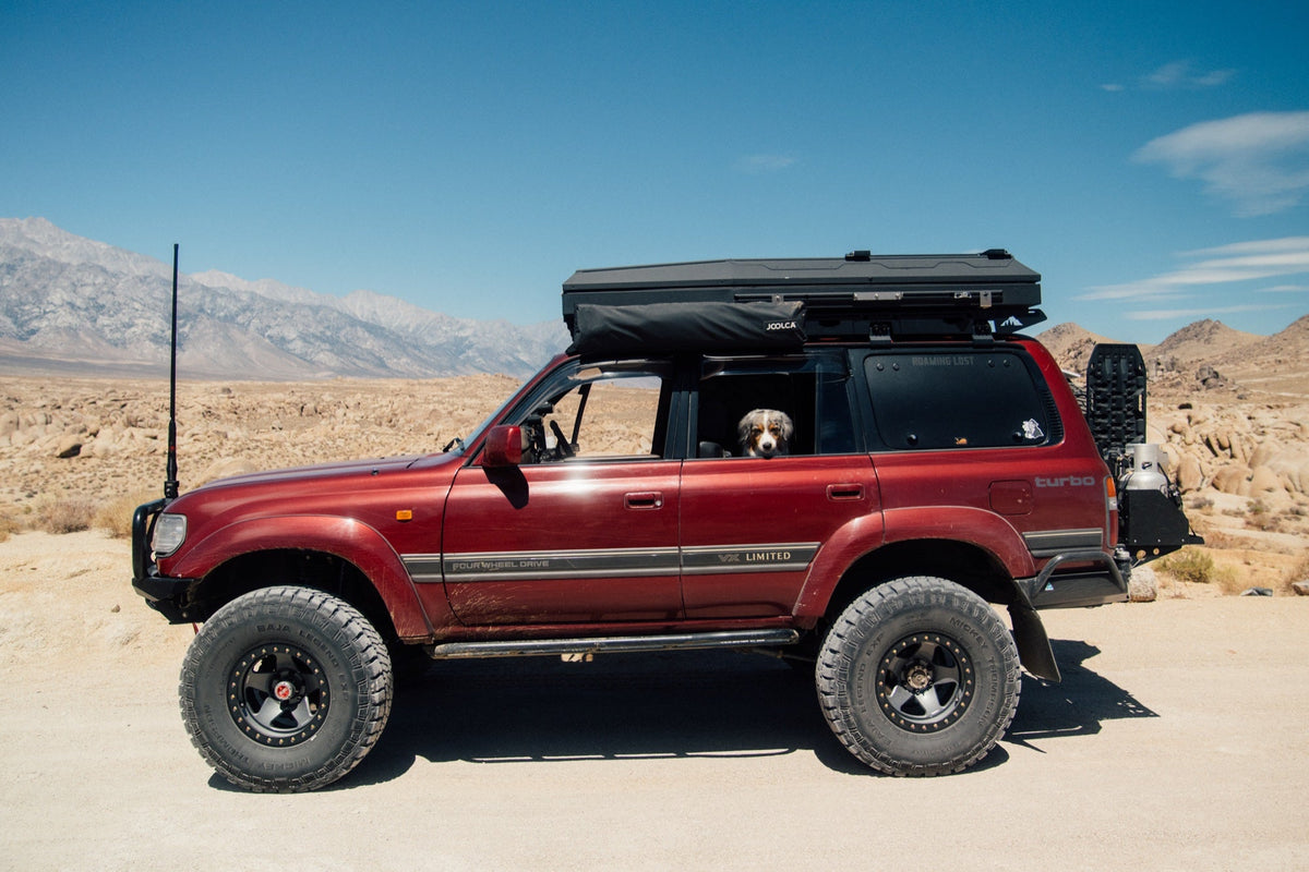 Side profile of the red HDJ81 Land Cruiser with its Alu-Cab roof in a boulder desert, a dog looking out the rear window