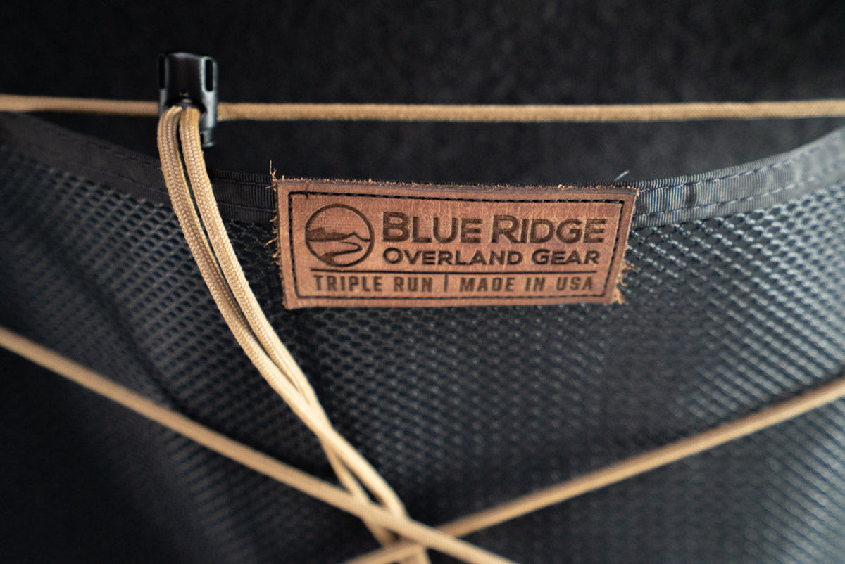 Close on the Blue Ridge Overland Gear leather patch on the Bronco attic