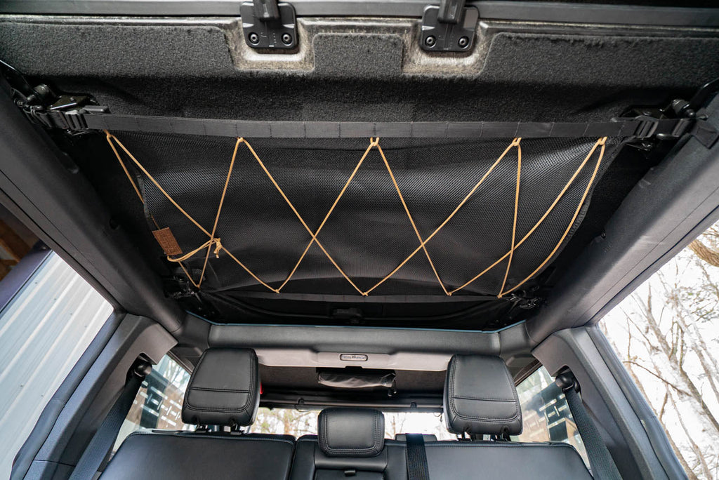 The Bronco attic from below, laced flat to the hardtop