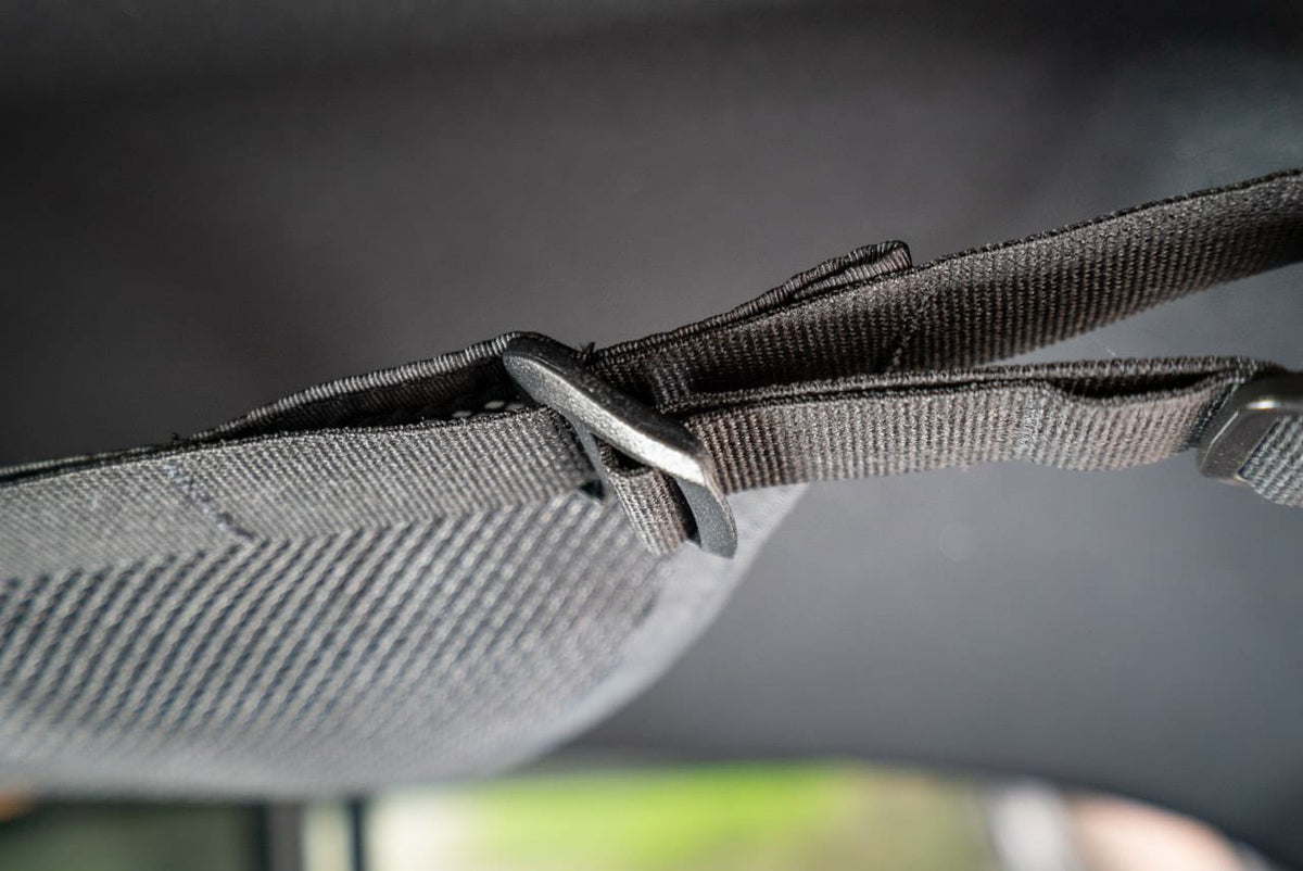 The strap run along the headliner to the grab handle