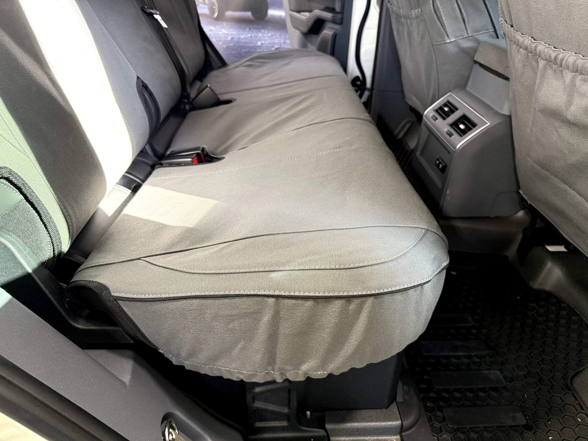 Escape Gear canvas seat covers, Ineos Grenadier, Grey rear seat base cover close-up