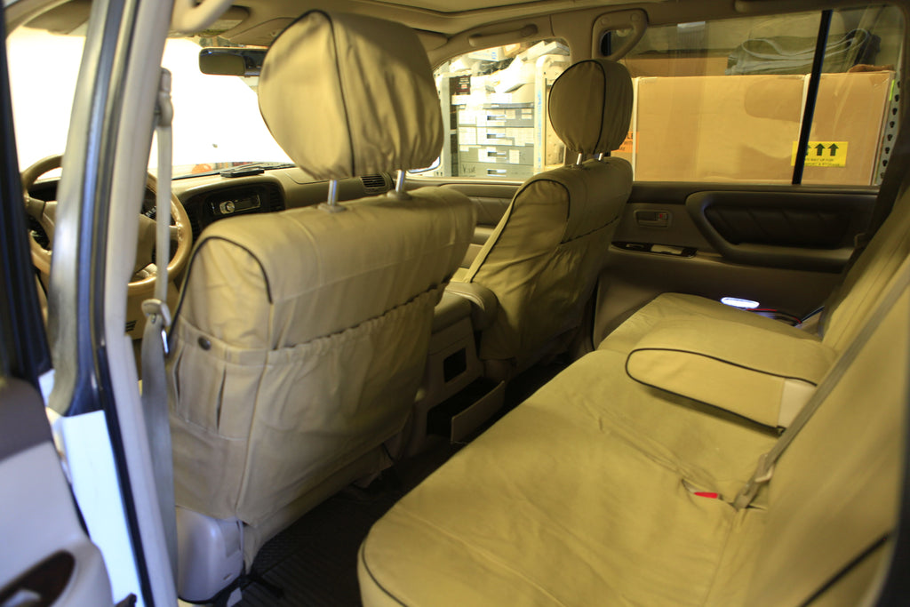 Escape Gear canvas seat covers, Land Cruiser 100 Series, Light Khaki front seat backs and rear bench from the rear door