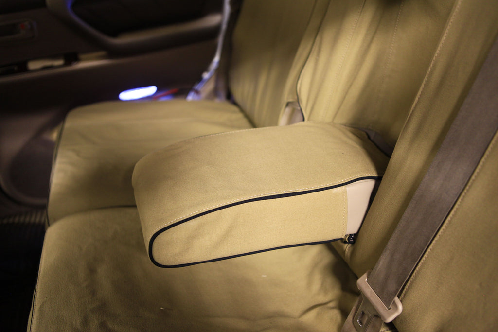 Escape Gear canvas seat covers, Land Cruiser 100 Series, Light Khaki rear fold-down armrest cover with black piping