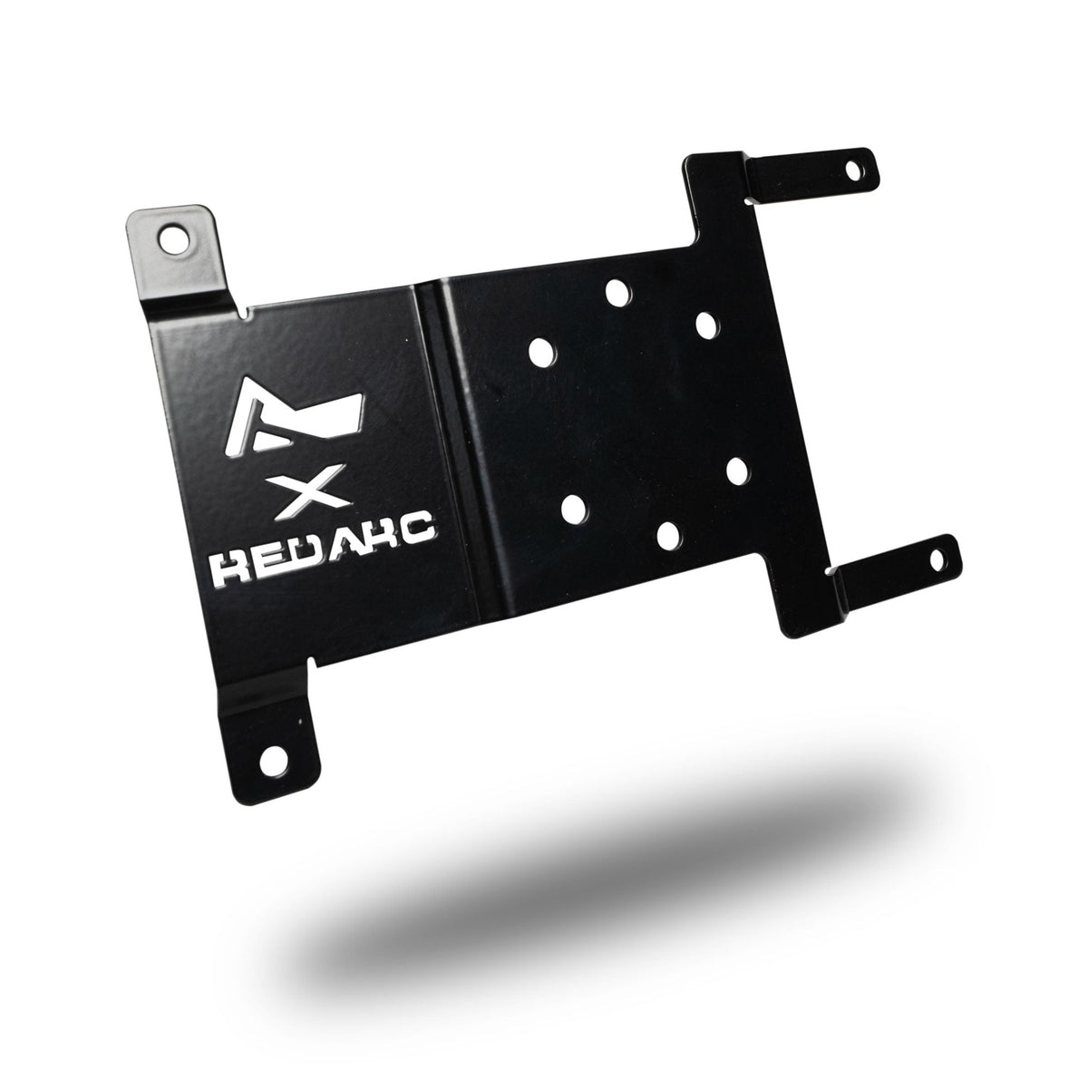 The TrailRax REDARC mount, a powder-coated black steel bracket with the REDARC logo cut into it