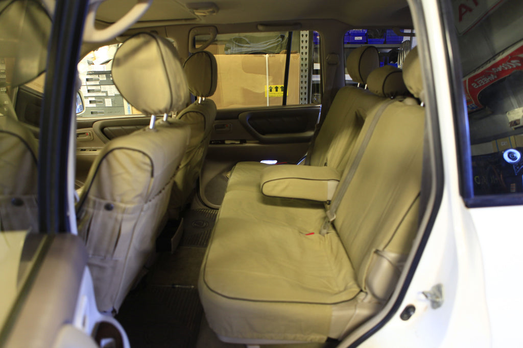 Escape Gear canvas seat covers, Land Cruiser 100 Series, Light Khaki rear bench with fold-down armrest
