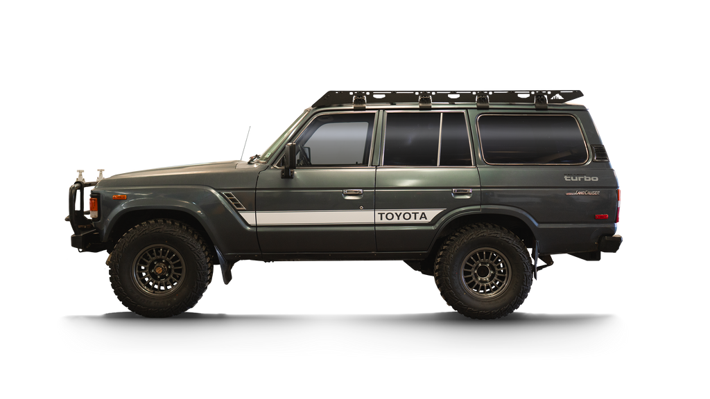Sherpa Mineral roof rack on a gray 60 Series Land Cruiser, side view on black