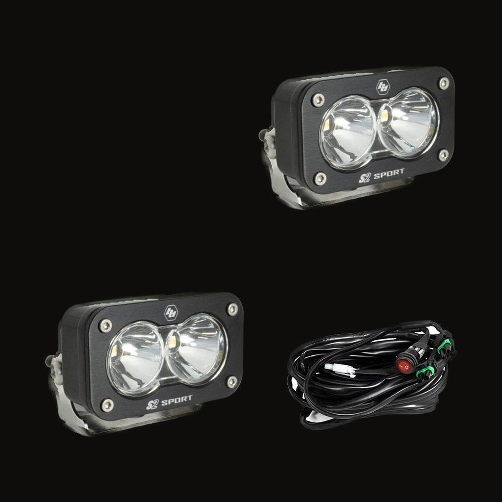 A pair of S2 Sport pods with clear spot lenses and the wiring harness
