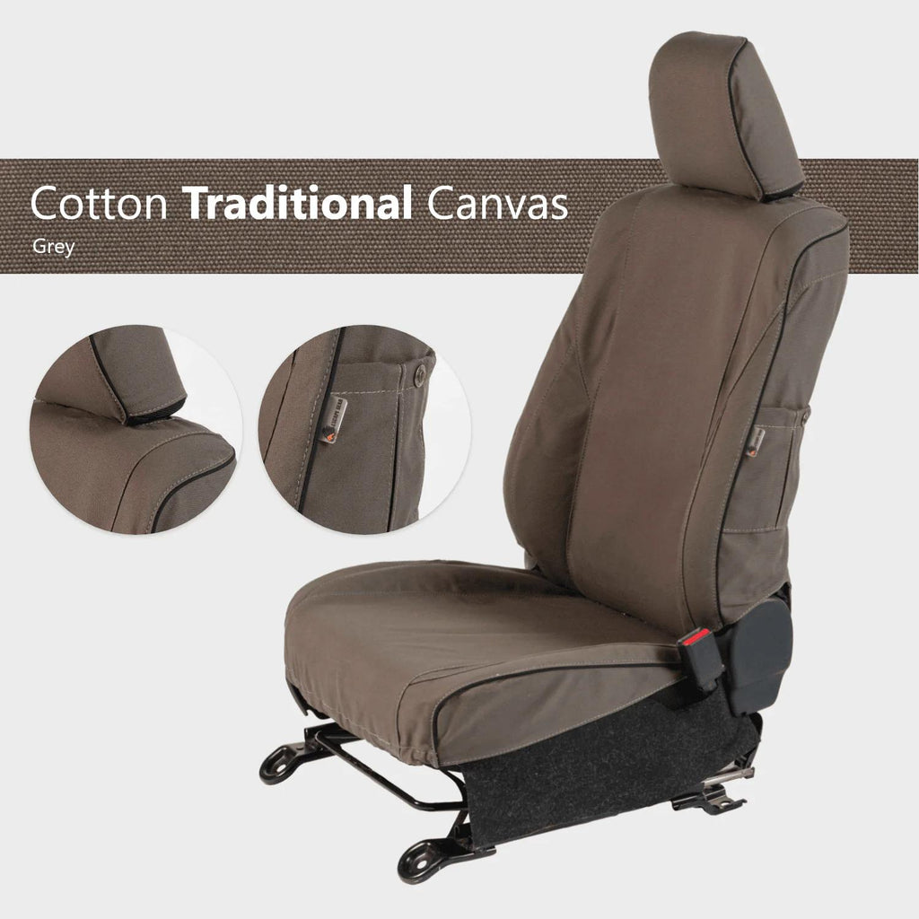 Escape Gear canvas seat covers, Land Cruiser 60 Series, Grey Cotton Traditional Canvas swatch card, sample seat and close-ups
