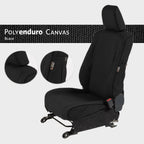 Escape Gear canvas seat covers, Land Cruiser 80 Series, Black Polyenduro Canvas swatch card, sample seat and close-ups