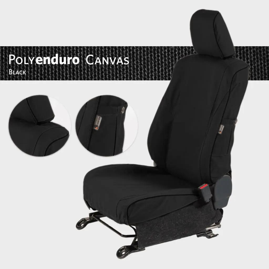 Escape Gear canvas seat covers, Land Cruiser 80 Series, Black Polyenduro Canvas swatch card, sample seat and close-ups