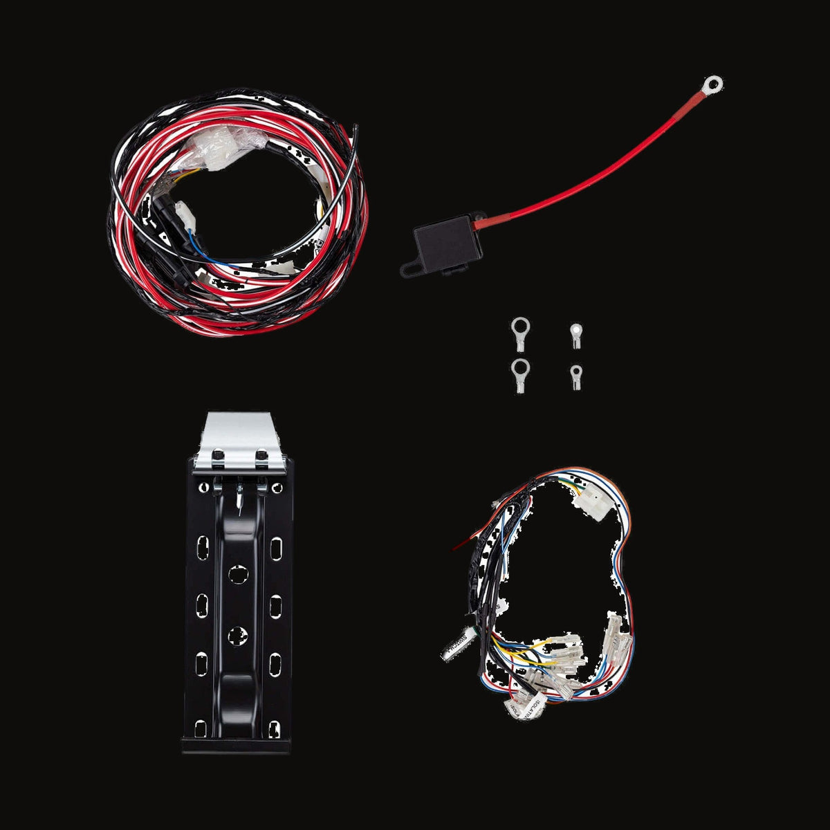The loom, fused lead, mounting bracket, ring terminals and connectors that come with it