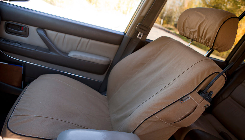 Escape Gear canvas seat covers, Land Cruiser 80 Series, Light Khaki front seat, side view with seat back pocket