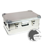 AluBox 42L aluminum case, lid closed, front three-quarter view on white, latches and handle