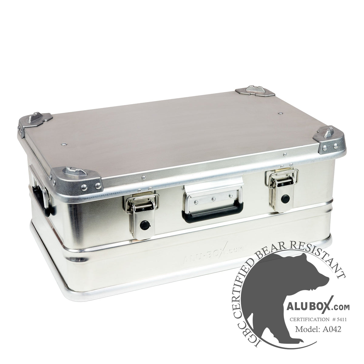 AluBox 42L aluminum case, lid closed, front three-quarter view on white, latches and handle