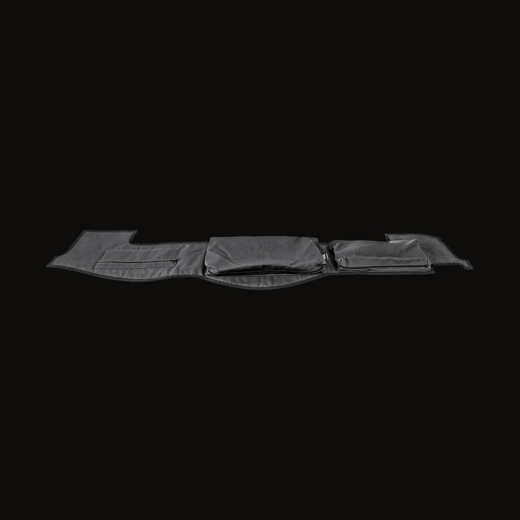 Escape Gear canvas dash cover in Grey, flat on white, a different cut with a large centre pouch