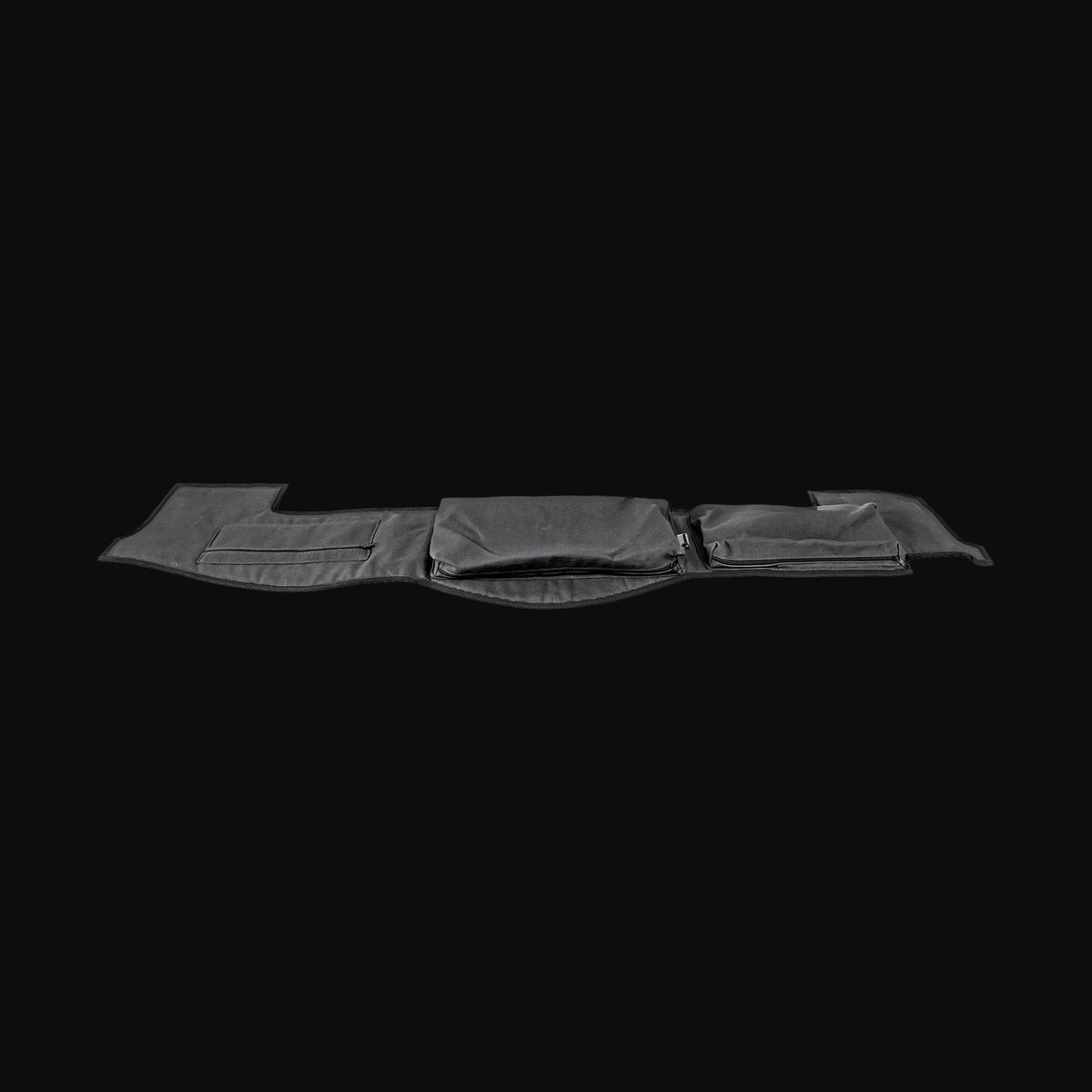 Escape Gear canvas dash cover in Grey, flat on white, a different cut with a large centre pouch