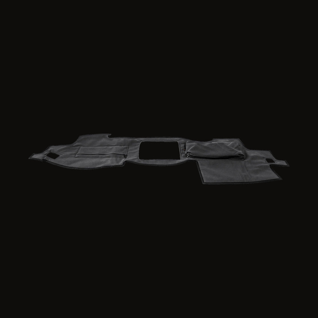 Escape Gear canvas dash cover in Grey on white, a cut with a screen opening and a large zip pouch