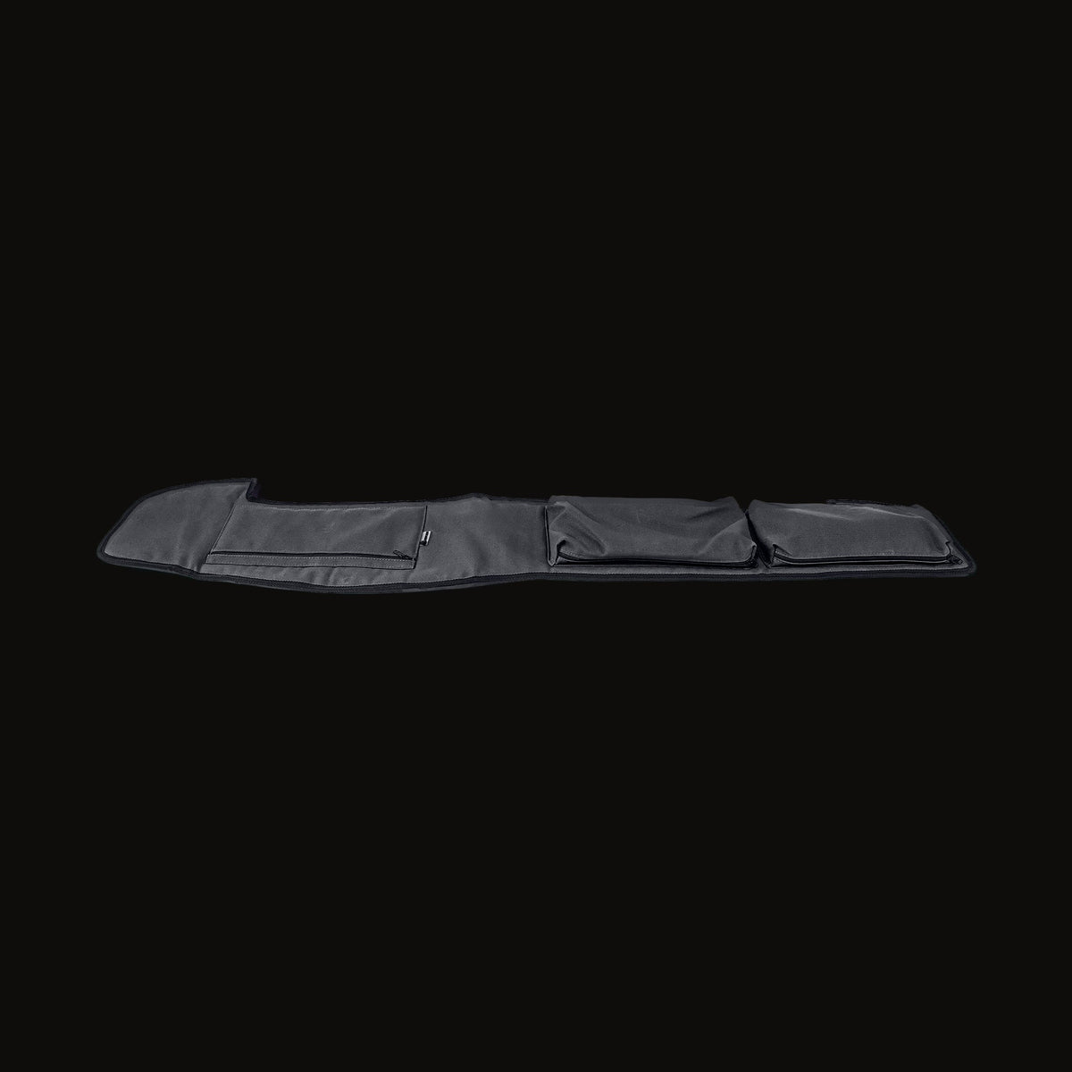 Escape Gear canvas dash cover in Grey, laid flat on white, with a zip pocket and two zip pouches