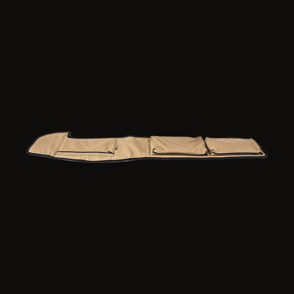 Escape Gear canvas dash cover in Light Khaki, laid flat on white, with a zip pocket and two zip pouches