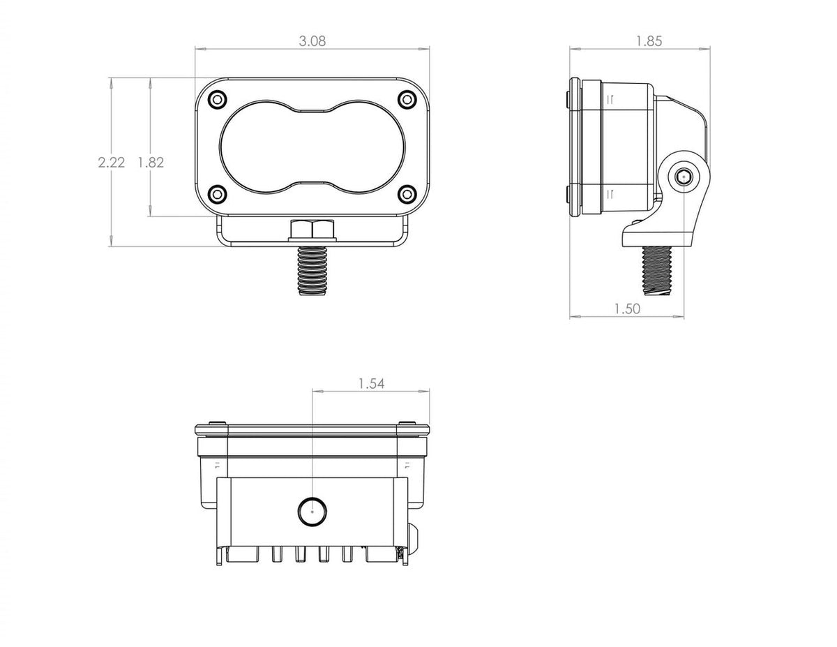 Dimension drawing of the pod, 3.08 inches wide by 2.22 tall with the mounting foot and stud