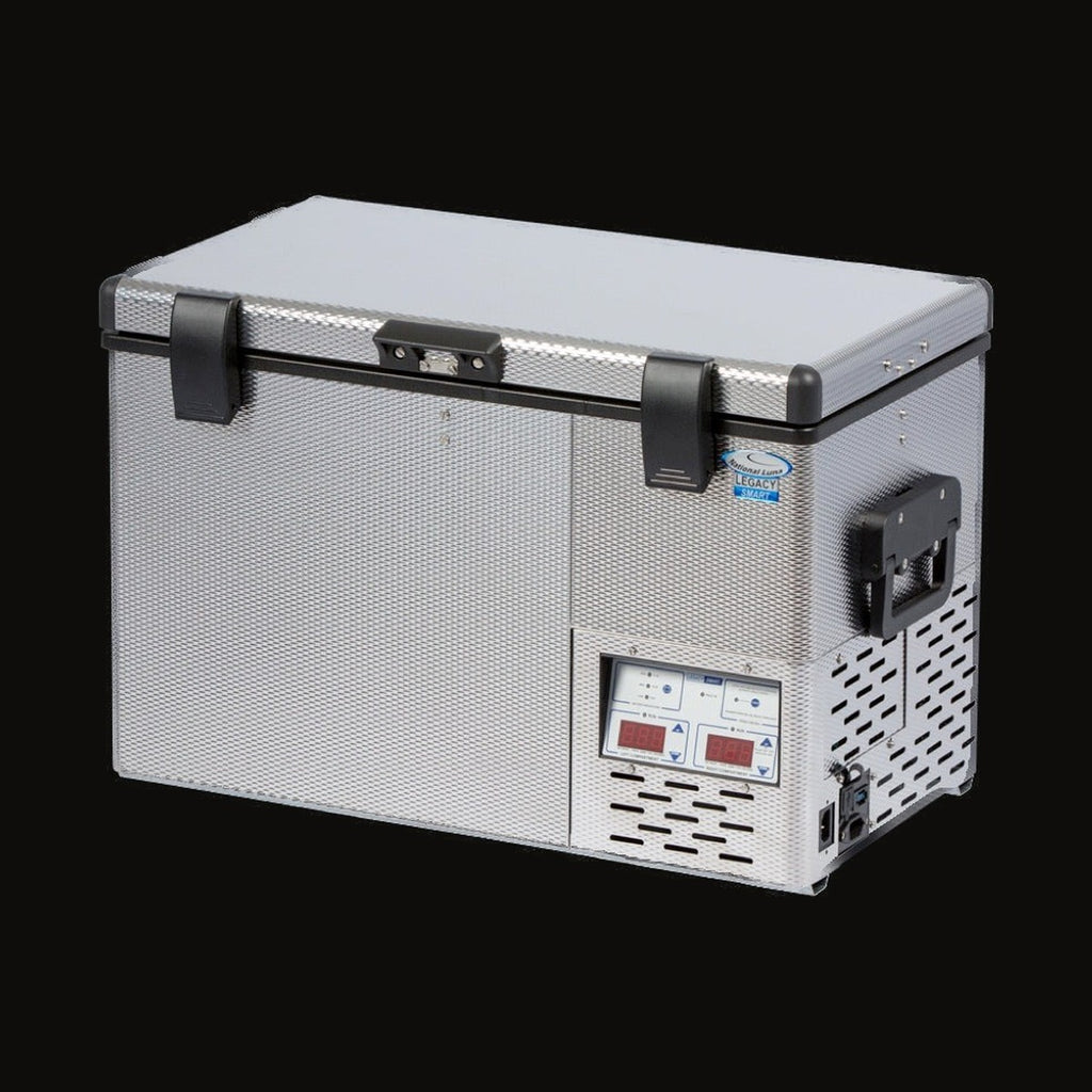 National Luna 35L dual zone fridge freezer, lid closed, front three-quarter view on white