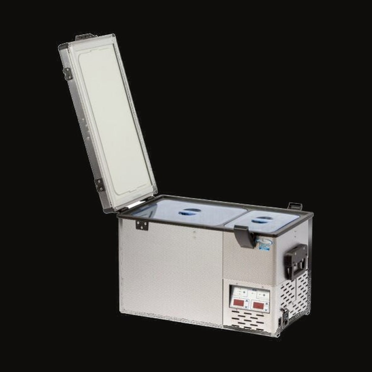 National Luna 35L dual zone fridge freezer, lid open showing both compartments, on white