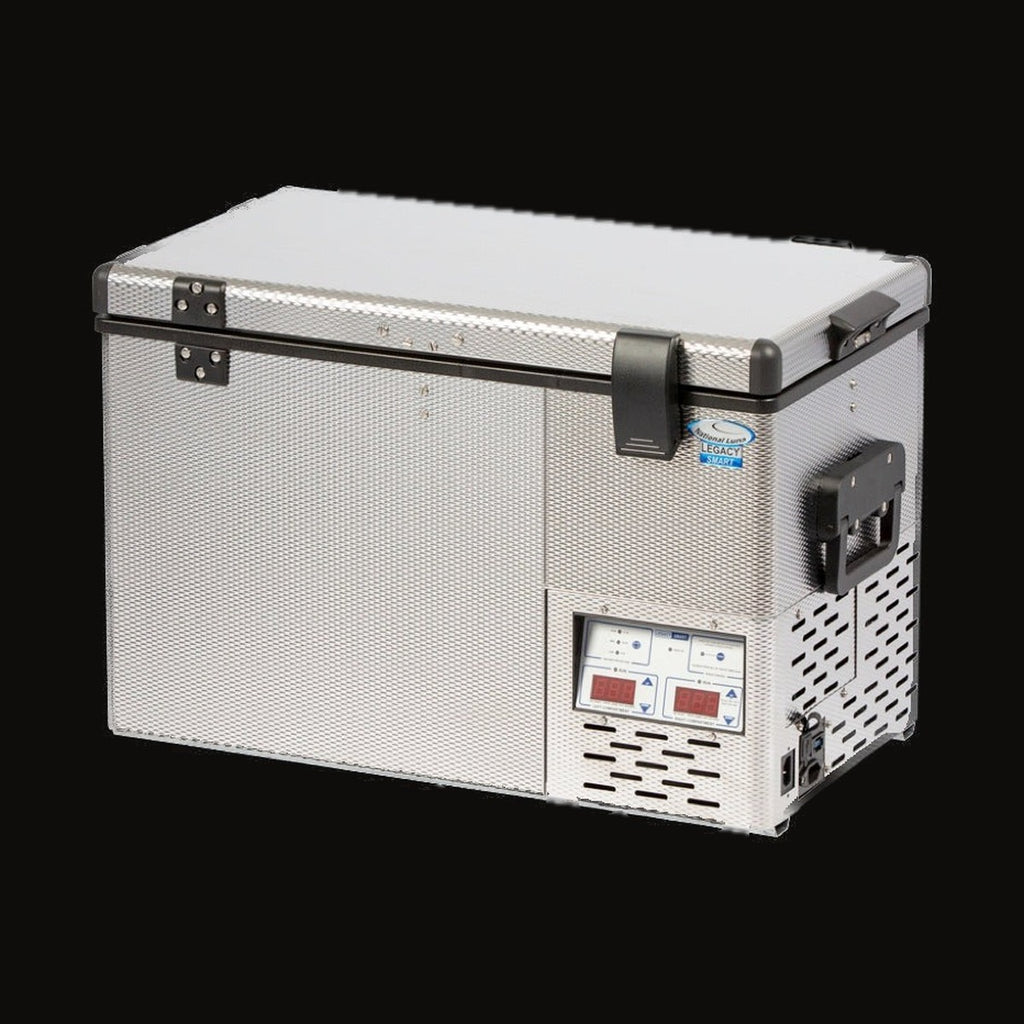 National Luna 35L dual zone fridge freezer, lid closed, front three-quarter view on white, latches and side handle