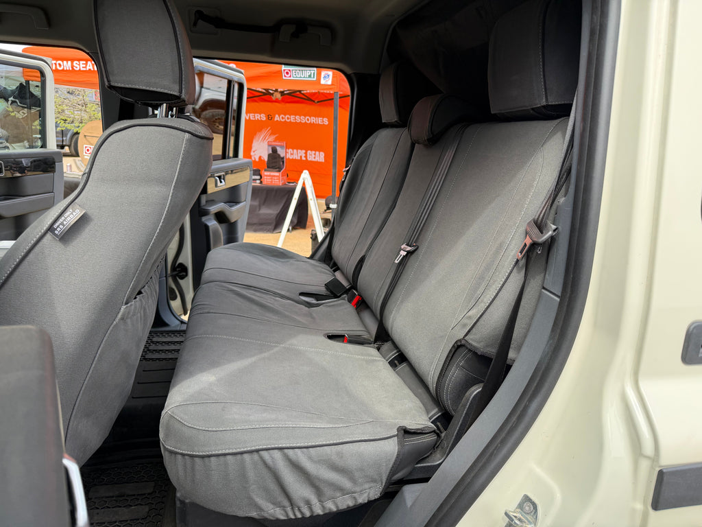Escape Gear canvas seat covers, Ineos Grenadier, Grey rear bench seat through the open rear door