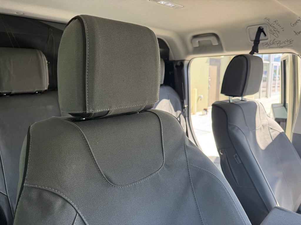 Escape Gear canvas seat covers, Ineos Grenadier, Grey headrest and seat back close-up