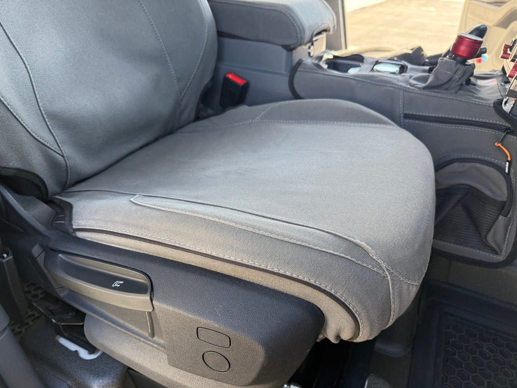 Escape Gear canvas seat covers, Ineos Grenadier, close-up of the Grey front seat base cover and side trim