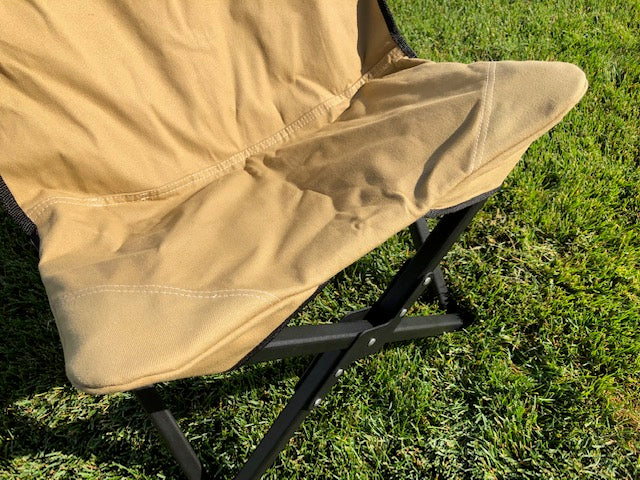 Eezi-Awn K9 Fold A Chair, close-up of the Beige canvas seat and stitched seams