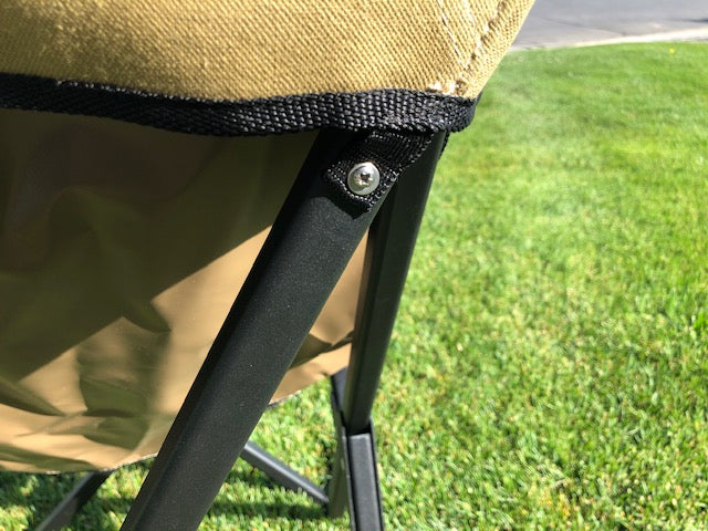 Eezi-Awn K9 Fold A Chair, close-up of the webbing tab and screw fixing canvas to frame