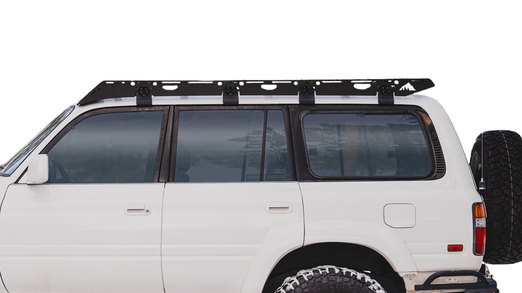 Sherpa La Sal roof rack on a white 80 Series Land Cruiser, close side view on black