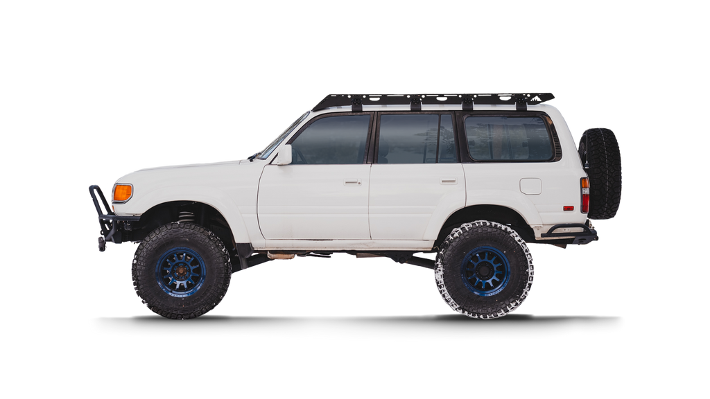 Sherpa La Sal roof rack on a white 80 Series Land Cruiser, side view on black