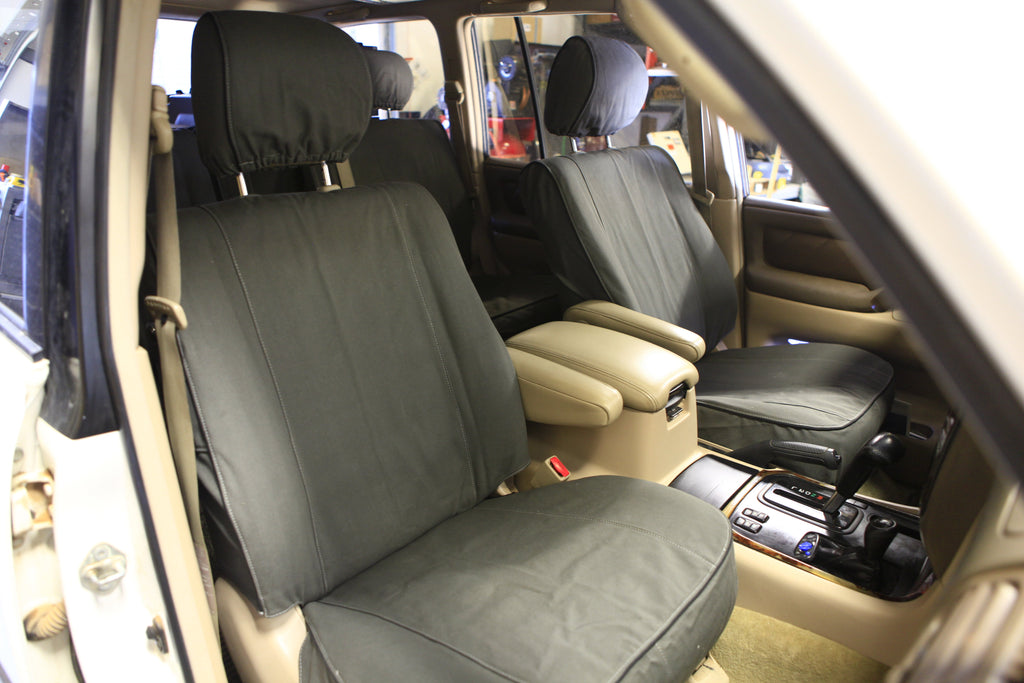 Escape Gear canvas seat covers, Land Cruiser 100 Series, Grey front seats through the open door