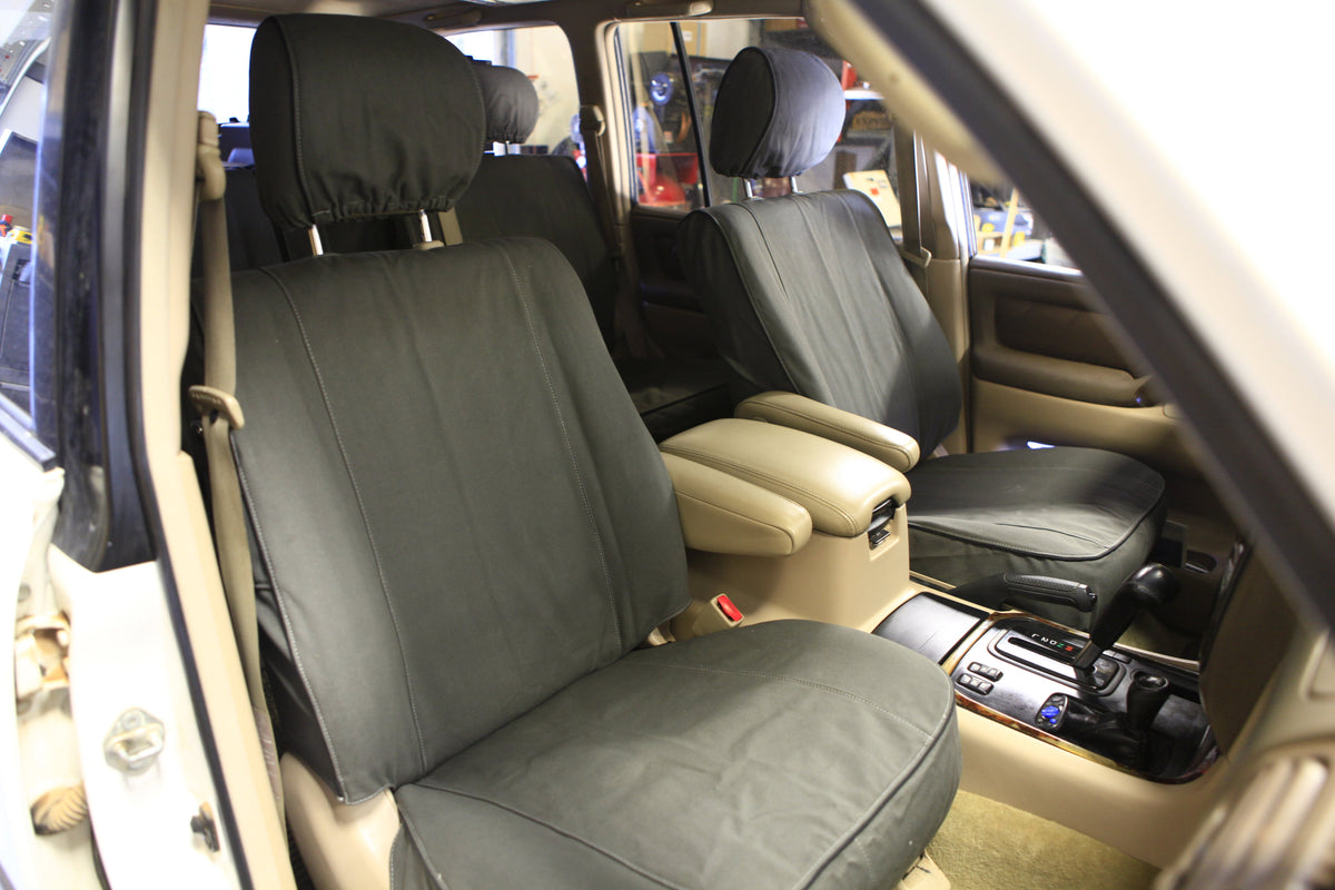 Escape Gear canvas seat covers, Land Cruiser 100 Series, Grey front seats through the open door