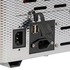 National Luna 35L dual zone fridge freezer, close-up of the twin USB port and power sockets on the end panel
