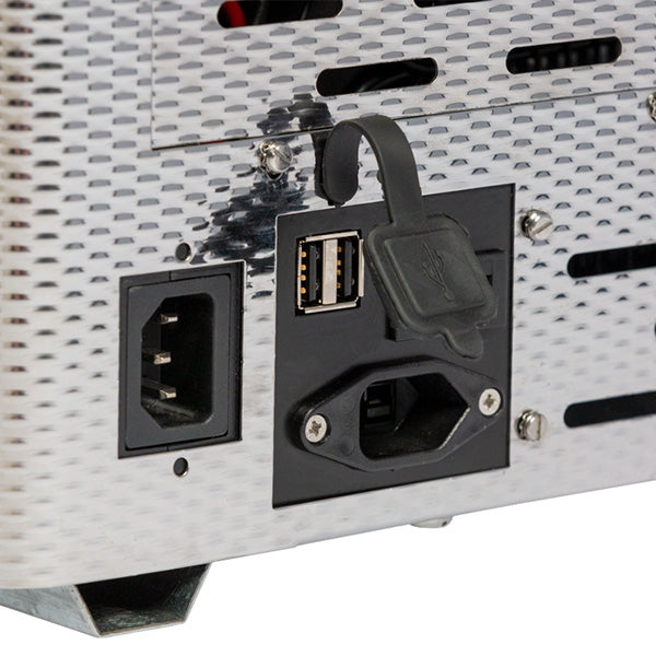 National Luna 35L dual zone fridge freezer, close-up of the twin USB port and power sockets on the end panel