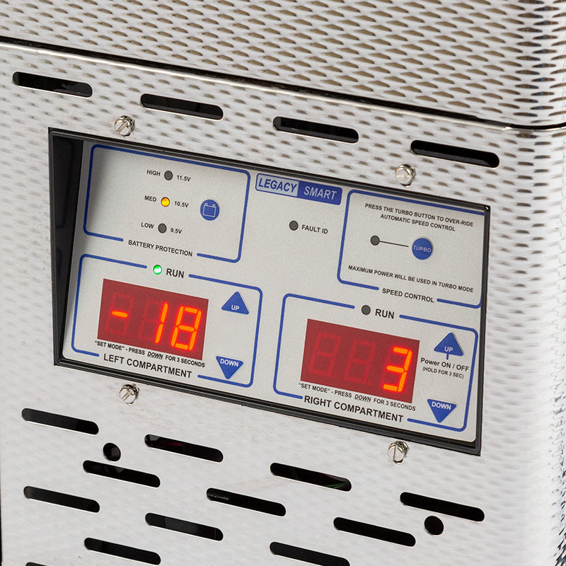 National Luna 35L dual zone fridge freezer, close-up of the control panel, two red displays reading -18 and 3