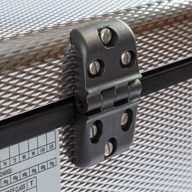 National Luna 35L dual zone fridge freezer, close-up of the black lid hinge on the stainless body