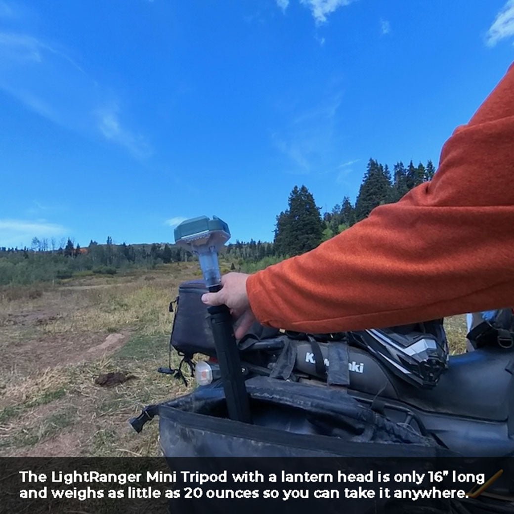 The mini tripod packed down, shown fitting an adventure bike saddle bag