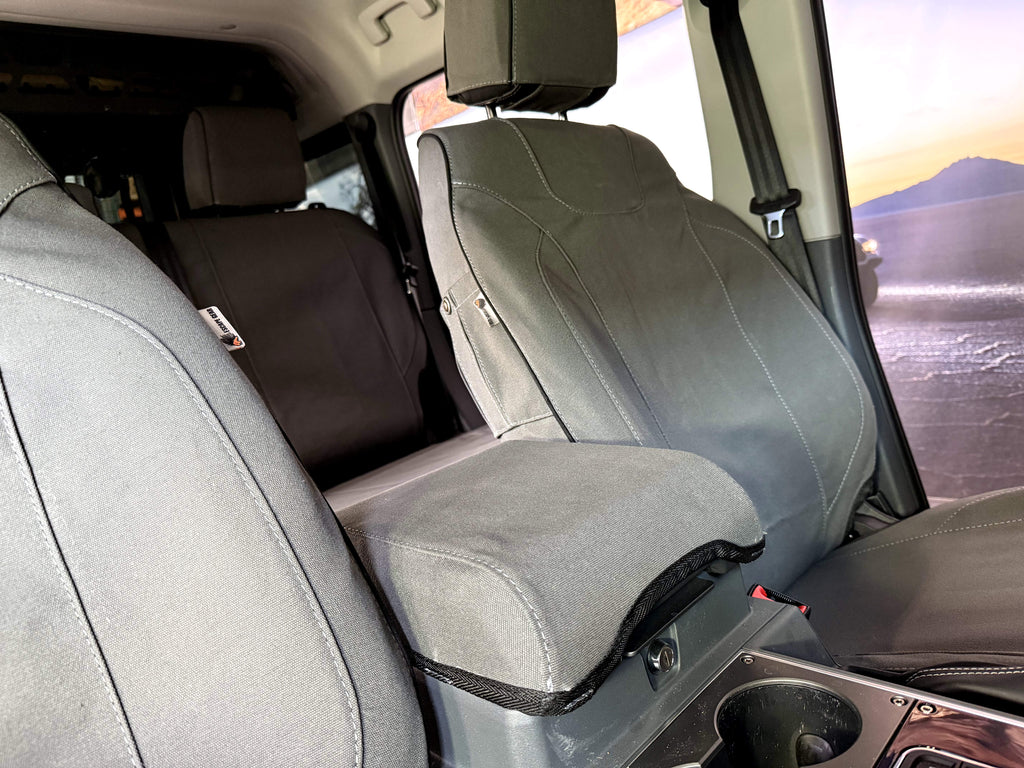 Escape Gear canvas seat covers, Ineos Grenadier, Grey armrest cover and passenger seat, side angle