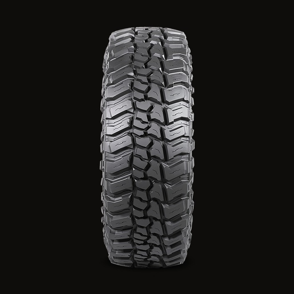 The 35 inch mud terrain tread head-on, deep blocks and aggressive shoulders