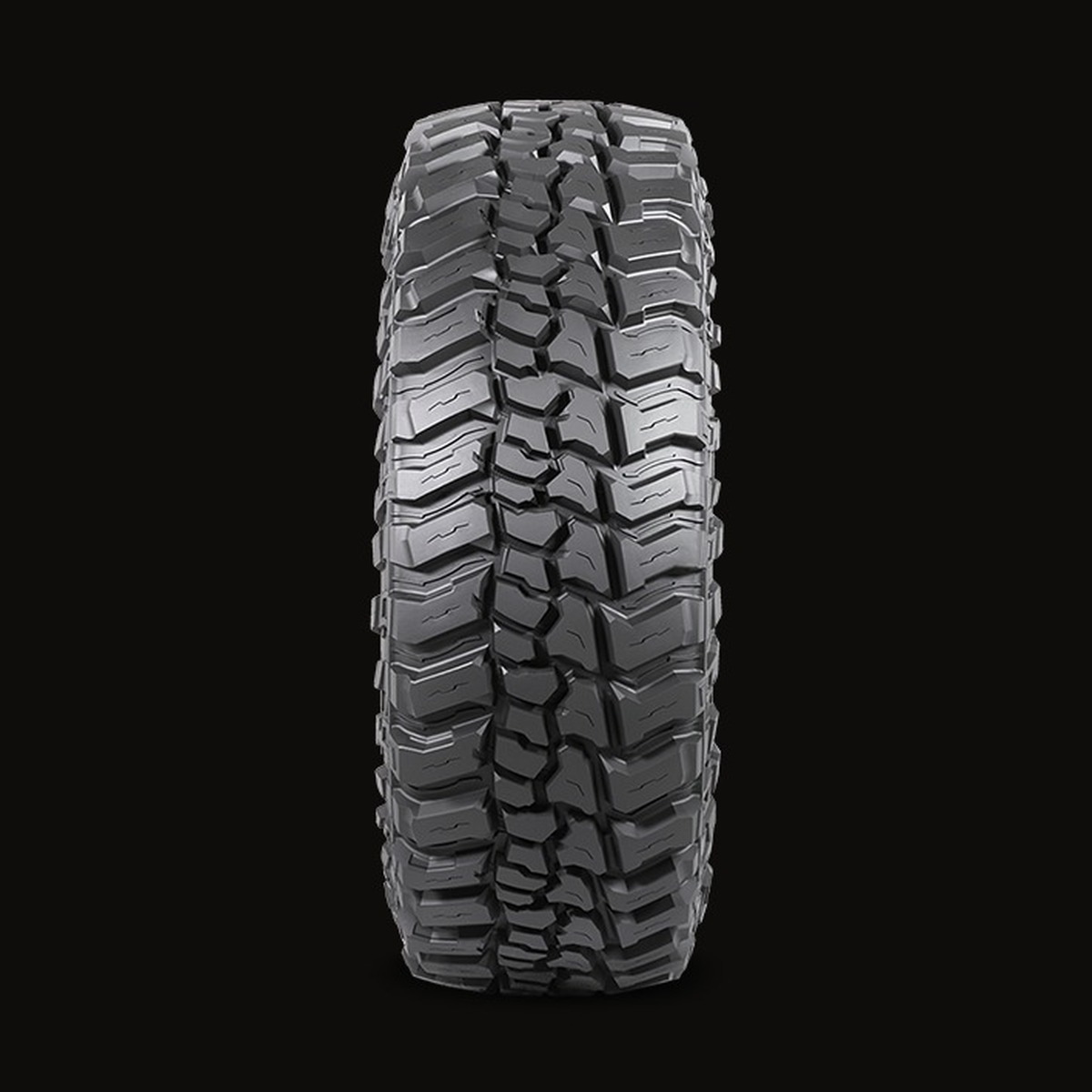 The 35 inch mud terrain tread head-on, deep blocks and aggressive shoulders
