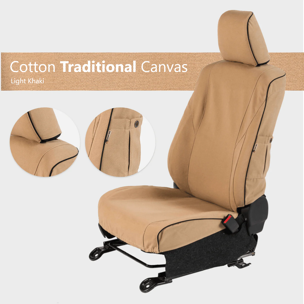Escape Gear canvas seat covers, Land Cruiser 100 Series, Light Khaki Cotton Traditional Canvas swatch card with seat