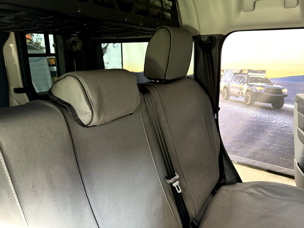 Escape Gear canvas seat covers, Ineos Grenadier, Grey rear headrests and seat back with seat belt