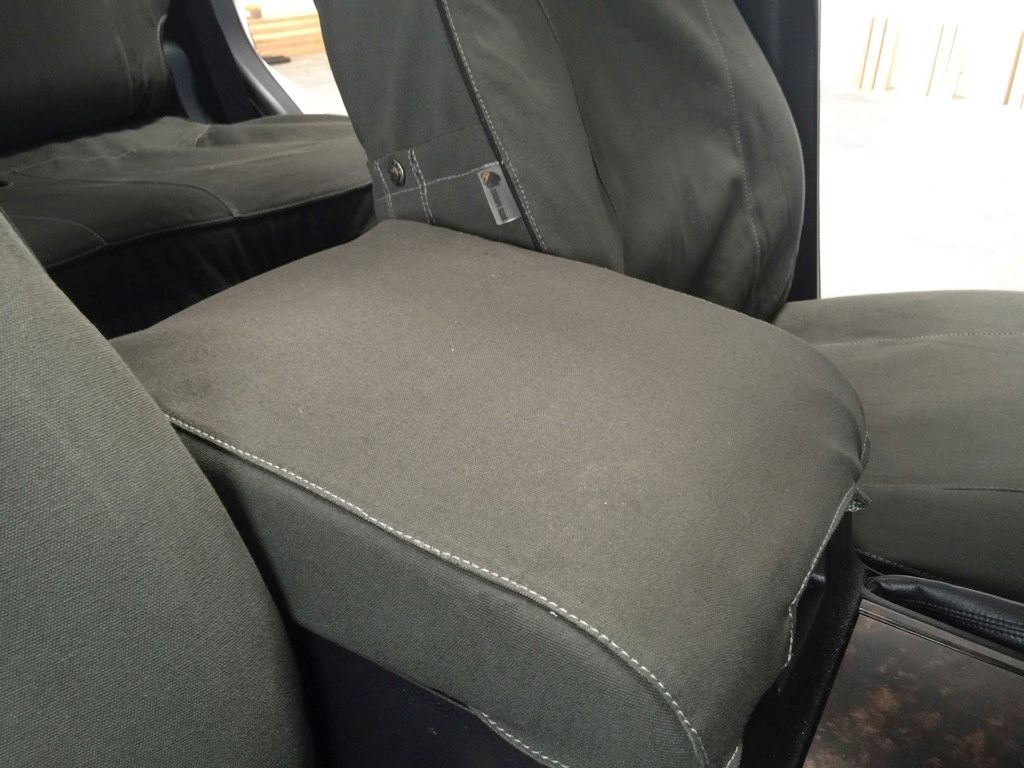 Escape Gear canvas seat covers, Land Cruiser 200 Series (2016 to 2021), dark console lid cover close-up