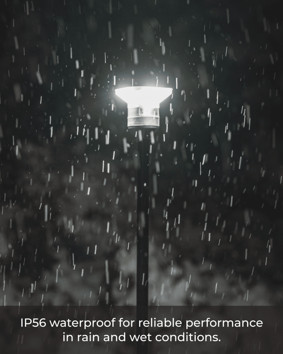Spec card: IP56 rated, the lit lantern head photographed in heavy rain