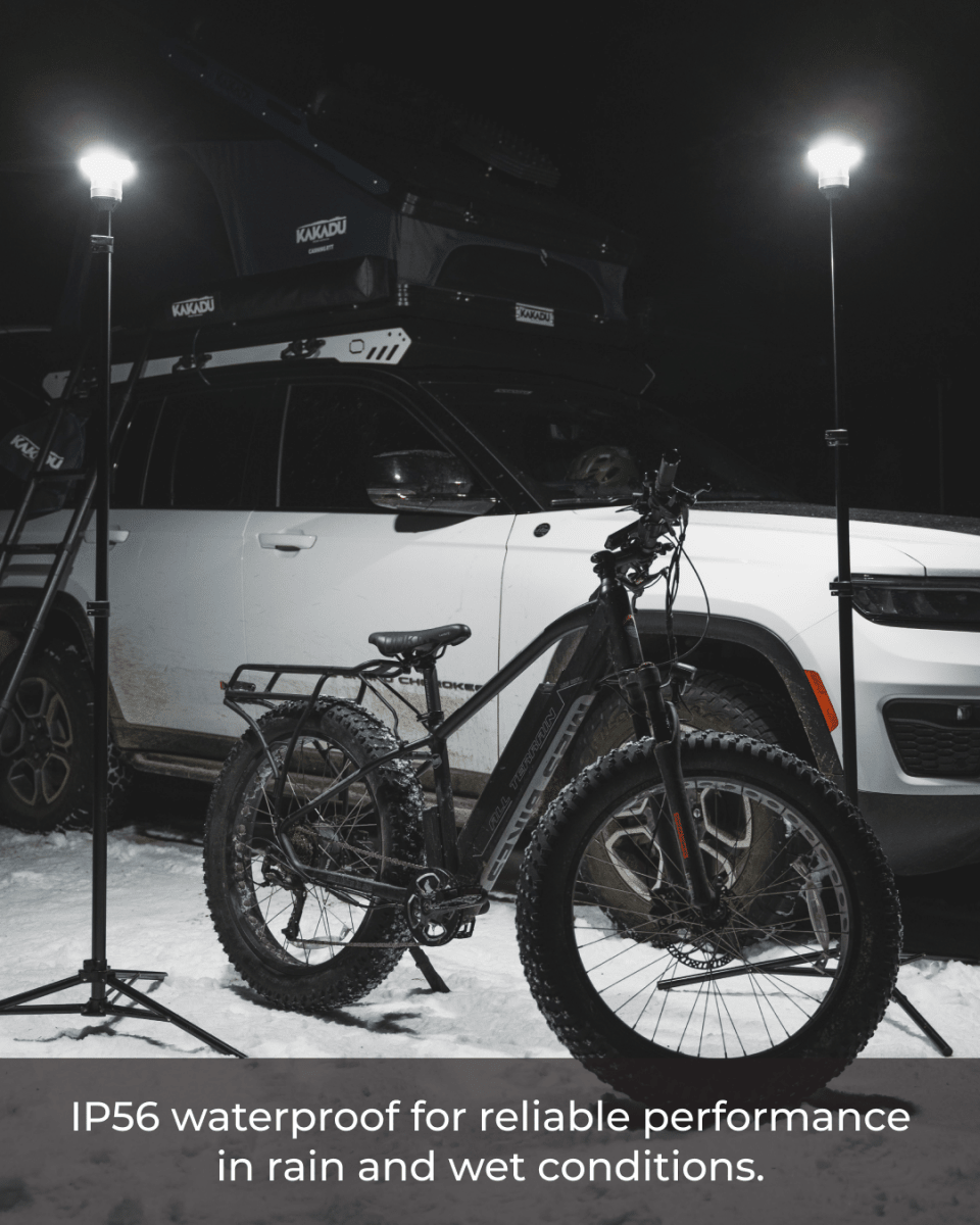 Spec card: IP56 rated, the lit lantern head photographed in heavy rain