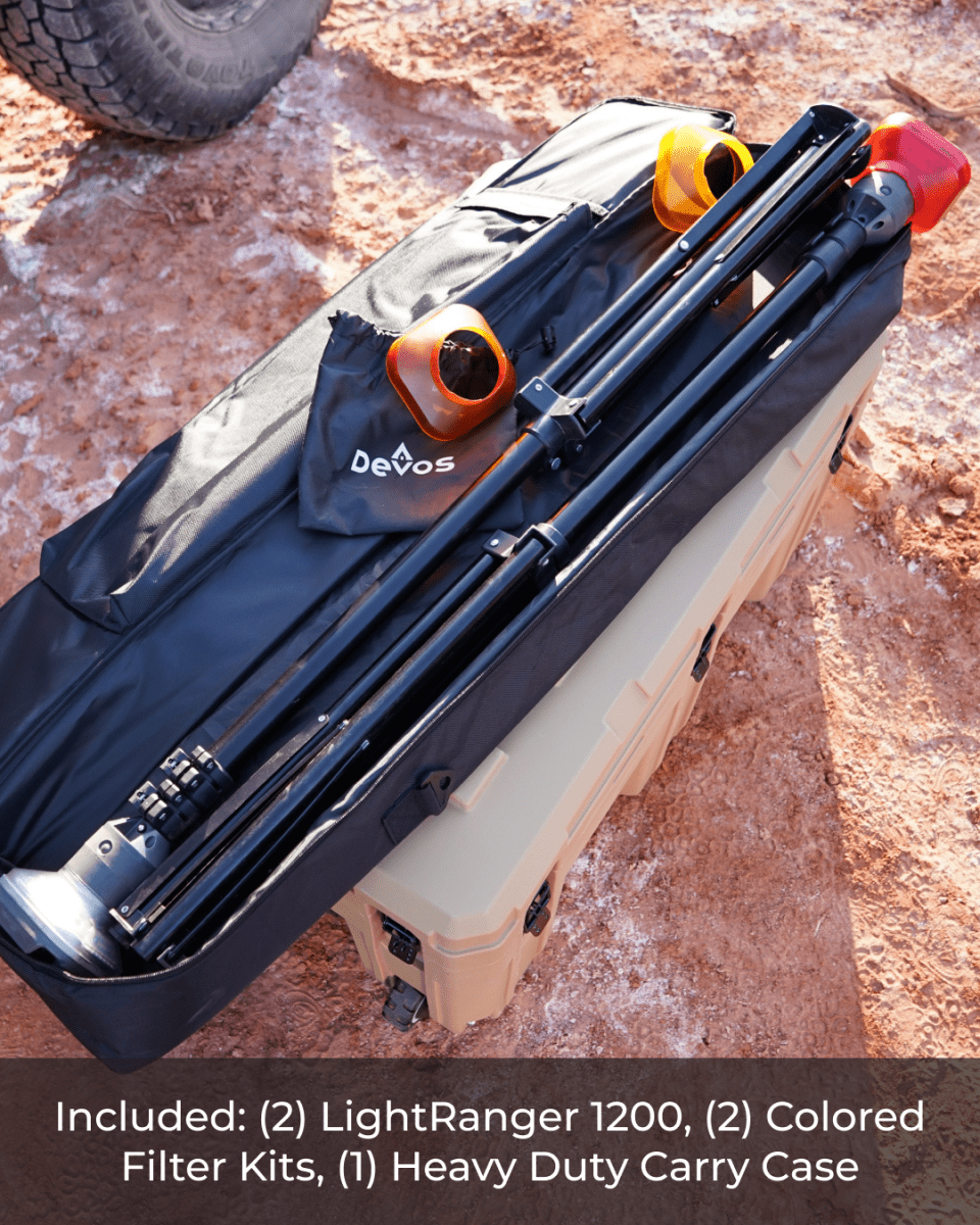 The LightRanger 1200 pole at different heights, showing the adjustable range